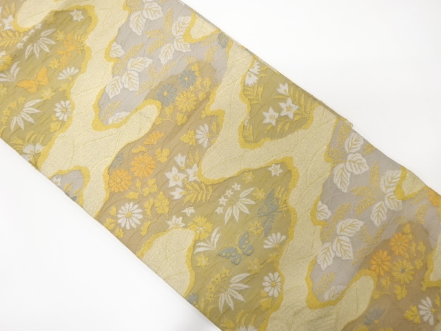 JAPANESE KIMONO / ANTIQUE FUKURO OBI / SILK / WOVEN FLORAL PLANTS